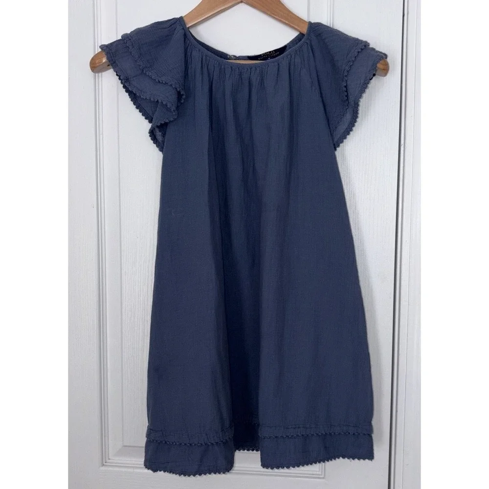 Polo Ralph Lauren Dress Flowy Ruffles Blue Girls 10 Peasant‎ Prairie Cottagecore